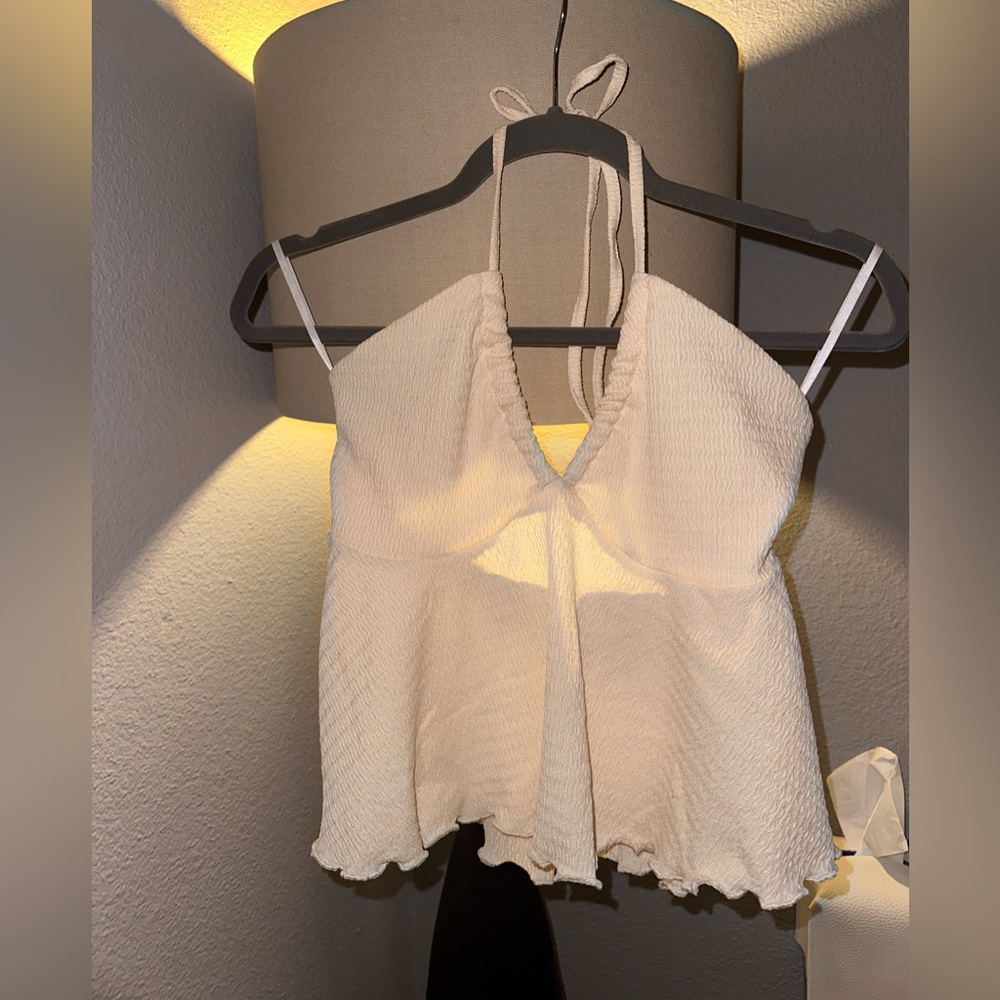 NEW Textured Beige Halter Crop Top Versatile Keyhole Tube Ties A-Line Swing XS - Picture 7 of 10